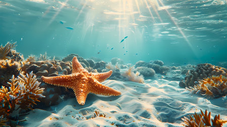 Starfish on the seabed with corals and sun raysの素材