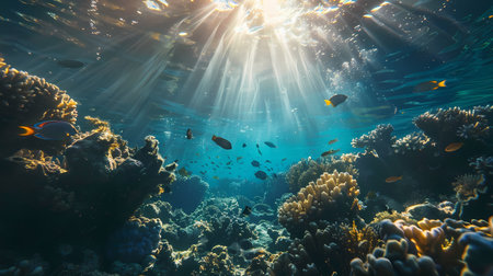 Underwater view of tropical coral reef with fishes and sunbeamsの素材