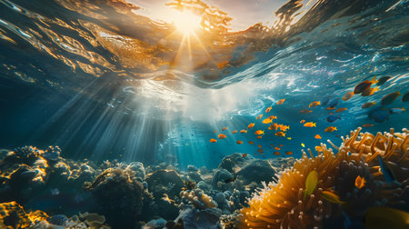 Underwater view of tropical coral reef with fishes and marine life.の素材