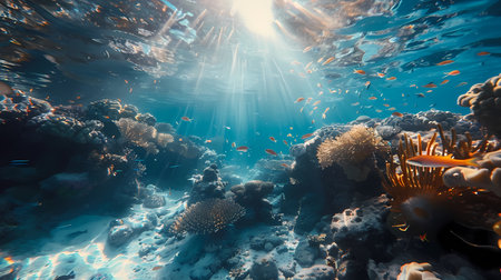 Underwater world with corals and tropical fish. 3d renderingの素材