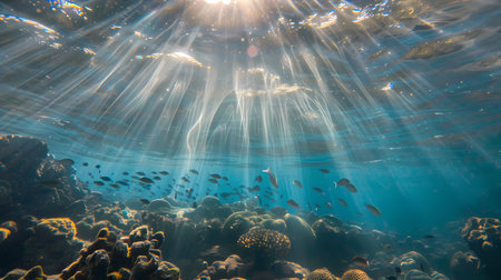 Underwater view of the coral reef with fishes and rays of sunlightの素材