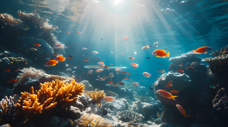 Underwater view of tropical coral reef with fishes and sunbeamsの素材