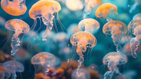 Jellyfish swimming in the sea. Colorful jellyfish background.の素材