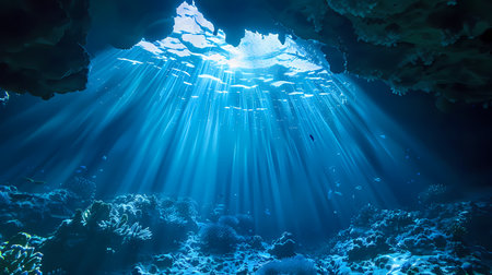 Coral reef with sun rays and underwater cave, underwater photo.の素材