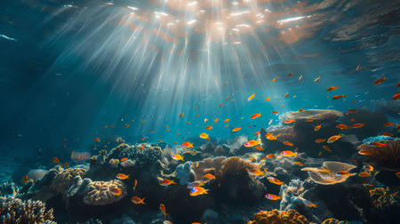 Underwater view of coral reef with fish and rays of sunlight.の素材