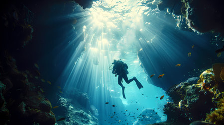 Silhouette of scuba diver in deep blue sea with sun raysの素材