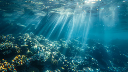 Underwater view of coral reef with sunbeams and rays of lightの素材
