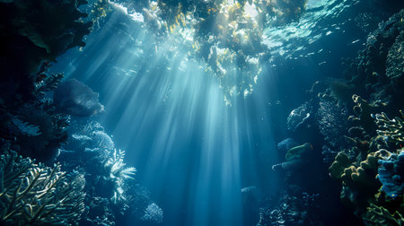 Tropical coral reef with sunlight shining through the water surface.の素材