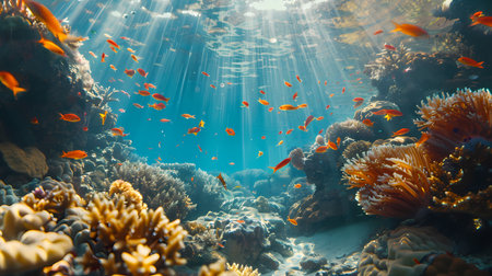 Underwater view of coral reef with tropical fishes and corals.の素材