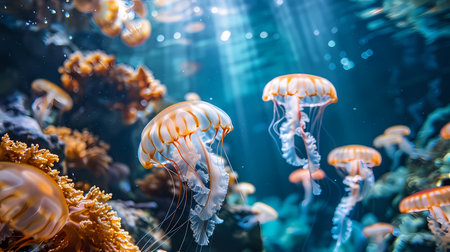 Beautiful jellyfish swimming in the aquarium. Marine life concept.の素材
