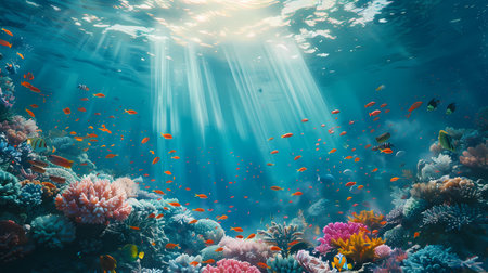Underwater view of coral reef with fish and rays of light.の素材