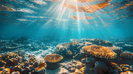 Underwater view of the coral reef and marine fish with sunbeamsの素材