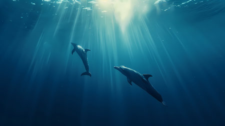 Dolphins swimming underwater in the deep blue sea. Dolphins swimming underwater.の素材