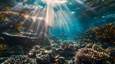 Underwater view of tropical coral reef with fishes and corals.の素材