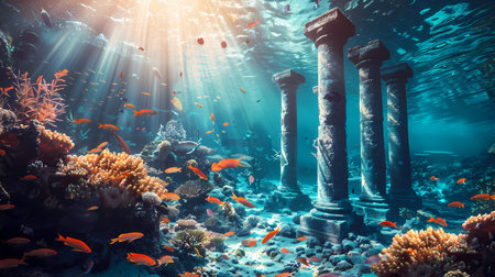 Beautiful underwater world with corals and tropical fish. 3d renderingの素材