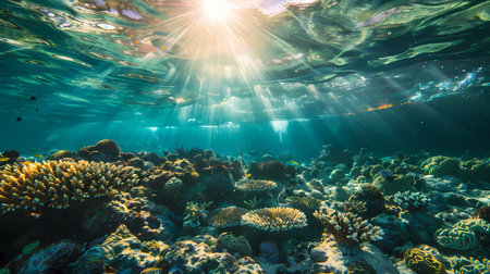 Underwater view of tropical coral reef with hard corals and sunlightの素材