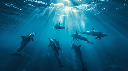 Dolphins swimming in the deep blue ocean. 3D Renderingの素材