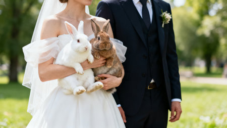 Wedding couple with two rabbitsの素材