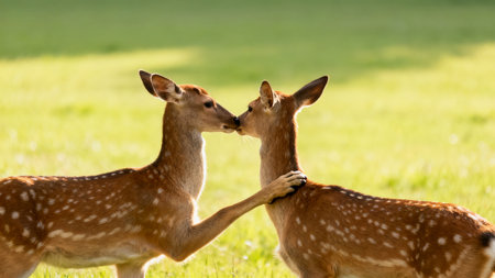 Two deer nuzzling in grassy fieldの素材