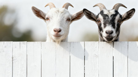 Two goats peeking over the fenceの素材