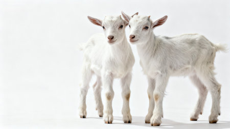 Two white baby goats standingの素材
