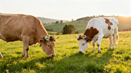 Cows with flower crowns in a fieldの素材
