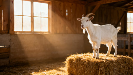 White goat on a haystack in a barn with sunbeamsの素材
