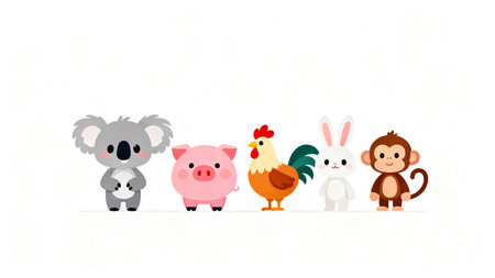 Cartoon animals in a rowの素材