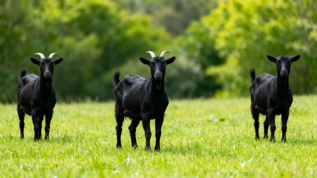 Three black goats in a grassy fieldの素材