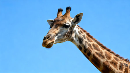 Giraffe head against blue skyの素材