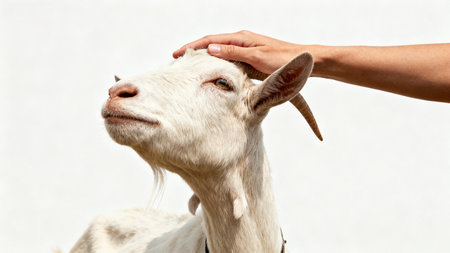 Hand petting a white goatの素材