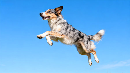 Dog jumping in blue skyの素材