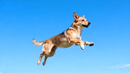 Dog leaping in the blue skyの素材