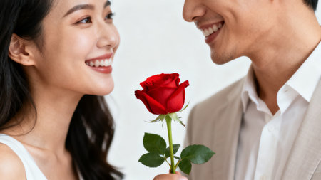 Man giving red rose to womanの素材