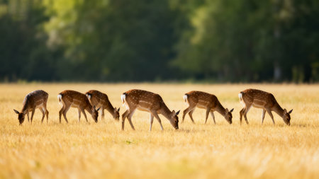 Deer grazing in a fieldの素材