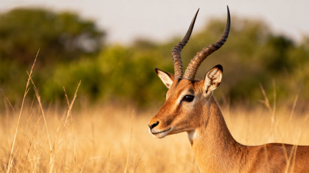 Antelope with curved horns in grasslandの素材
