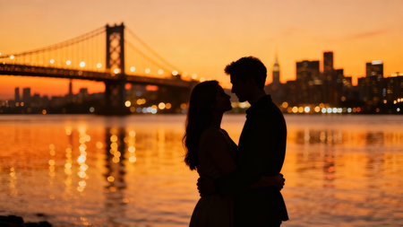 Beautiful couple in love in New York City at sunset with Manhattan Bridge in the backgroundの素材