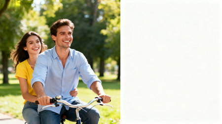 happy couple riding bicycle in park with blank white banner for copy spaceの素材