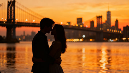 Couple in silhouette at sunset with bridgeの素材