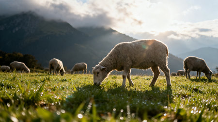 Flock of sheep on a meadow in the mountains in sunlightの素材