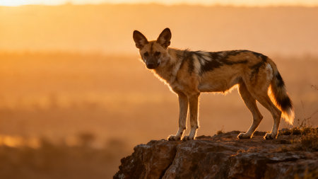 Wolflike animal on a rock at sunsetの素材