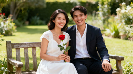 Couple sitting on bench with roseの素材