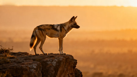 Wolf on a cliff at sunsetの素材