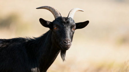 Black goat with curved hornsの素材
