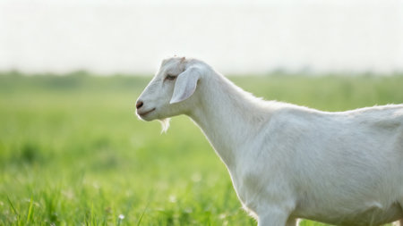 White goat in green fieldの素材