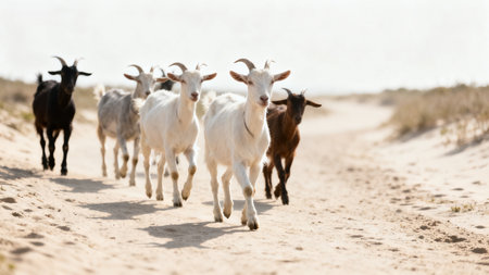 Goats walking on sandy pathの素材