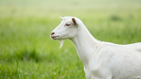 White goat in green fieldの素材