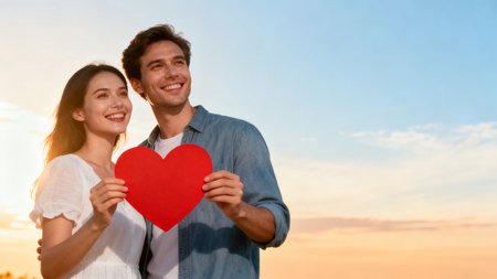 Couple holding red heart outdoorsの素材