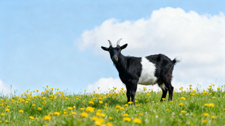 Goat in a field of yellow flowersの素材