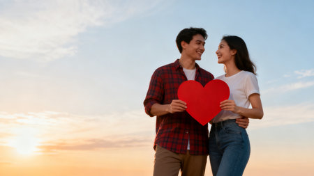 Couple holding red heart outdoorsの素材